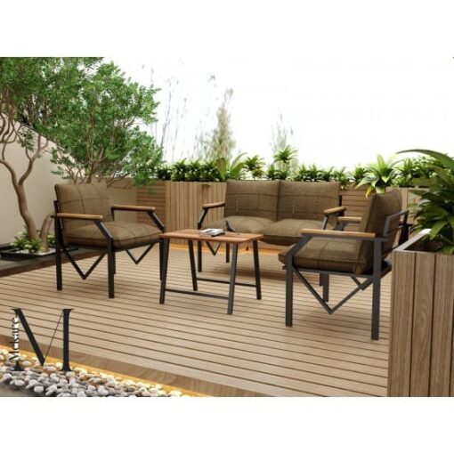 Set Lisbon Maro, picioare model V, mobilier terasă/grădină, canapea 2 locuri, 2 fotolii și măsuță
