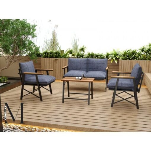 Set Lisbon Blue Jeans, picioare model X, mobilier terasă/grădină, canapea 2 locuri, 2 fotolii și măsuță