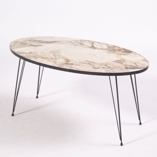 Masuta cafea Zenveri Meri, 90x50x45 cm, Oval, 90x50x45 cm, Crem, desene marmura, picioare metal negru