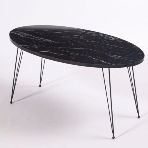 Masuta cafea Zenveri Meri, 90x50x45 cm, Oval, 90x50x45 cm, negru desene marmura, picioare metal negru