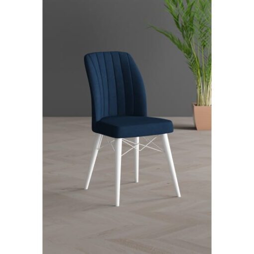 Set 6 Scaune tapitat, Lirona Albastru Night, picioare Lemn ALB, material textil, cadru metal, dining/bucatarie - imagine 2