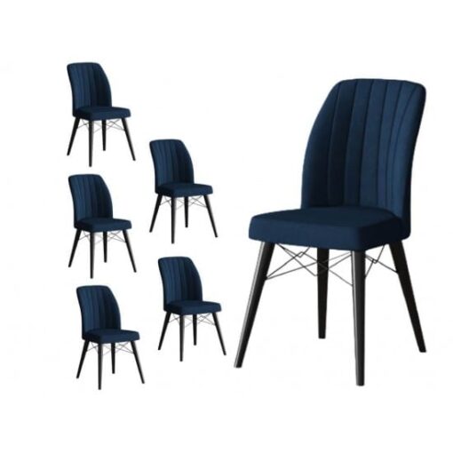 Set 6 Scaune tapitat, Lirona Albastru Night, picioare Lemn NEGRU, material textil, cadru metal, dining/bucatarie