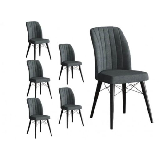 Set 6 Scaune tapitat, Lirona Gri Antracit, picioare Lemn NEGRU, material textil, cadru metal, dining/bucatarie