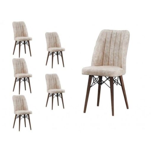 Set 6 Scaune tapitat dining/bucatarie,Lirona Crem, material textil, cadru metal, picioare Lemn